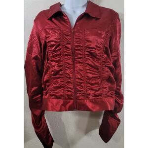 Overdrive Red Satin Ruched Gathered Full Zip Collard Jacket Large Lightweight